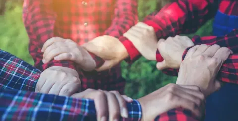 group of people dressed in checkered shirts holding each other's wrists in a circle shape with grass at the bottom