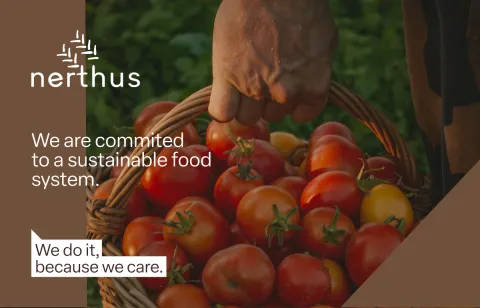 a person holding a tomatos basket. Image includs text: we are commited to a sustainable food system. We do it, because we care.