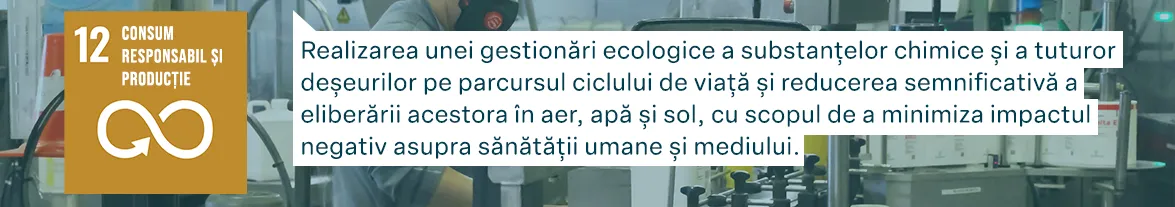 Obiectivele de Dezvoltare Durabilă ale Națiunilor Unite: Consum responsabil și producție - Realizarea unei gestionări ecologice a substanțelor chimice și a tuturor deșeurilor pe parcursul ciclului de viață și reducerea semnificativă a eliberării acestora în aer, apă și sol, cu scopul de a minimiza impactul negativ asupra sănătății umane și mediului.