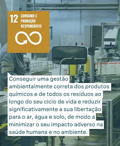 Objetivos de Desenvolvimento Sustentável das Nações Unidas: Consumo e produção responsáveis - Conseguir uma gestão ambientalmente correta dos produtos químicos e de todos os resíduos ao longo do seu ciclo de vida e reduzir significativamente a sua libertação para o ar, água e solo, de modo a minimizar o seu impacto adverso na saúde humana e no ambiente.