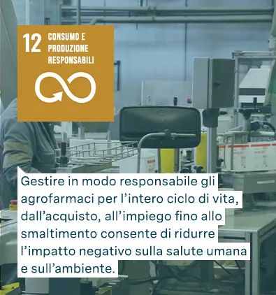 Obiettivi di sviluppo sostenibile FAO: Consumo e produzione responsabili - Gestire in modo responsabile gli agrofarmaci per l’intero ciclo di vita, dall’acquisto, all’impiego fino allo smaltimento consente di ridurre l’impatto negativo sulla salute umana e sull’ambiente.