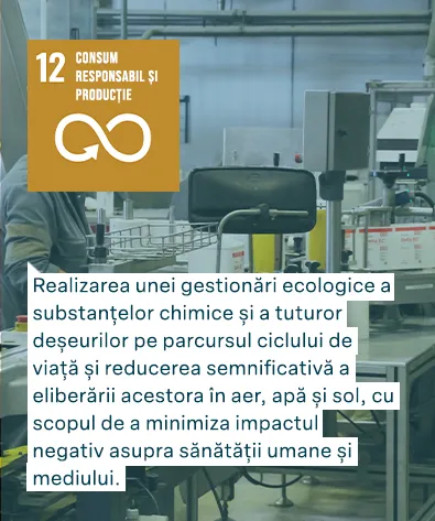 Obiectivele de Dezvoltare Durabilă ale Națiunilor Unite: Consum responsabil și producție - Realizarea unei gestionări ecologice a substanțelor chimice și a tuturor deșeurilor pe parcursul ciclului de viață și reducerea semnificativă a eliberării acestora în aer, apă și sol, cu scopul de a minimiza impactul negativ asupra sănătății umane și mediului.